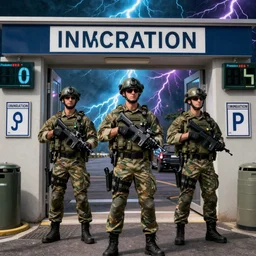 private military company operatives standing outside immigration check point, cinematic, realistic, detailed, intricate, digital art, ambient lightning, by jordan grimmer, pop art style, 3 5 mm film grain, artstation