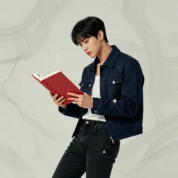 harmony handsome seokjin short black hair, reading red book, dark blue jacket & white top & black jeans, tiny glowing compass stars, line - art, abstract fluid shapes background, amazing composition, dynamic pose, by wlop, james jean, victo ngai! muted colors, highly detailed, fantasy art by craig mullins, thomas kinkade cfg _ scale 8