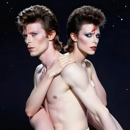 david bowie giving a piggy back ride to ziggy stardust. glam rock. cosmic. peter elson. highly detailed china girl face over shoulder