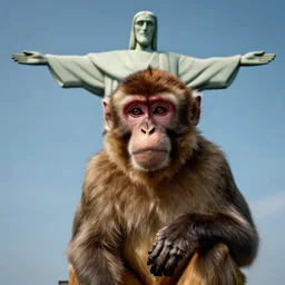 high quality portrait of a monkey in front of Christ The Redeemer, studio photograph, photograph, realistic photo, 8k photo, 4k photo, stock photo, high resolution, cinematic shot, high detail