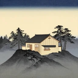 a house on a mountain. shin hanga artwork