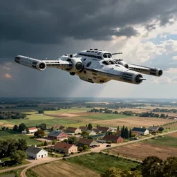 an imperial star destroyer hovering menacingly over a rural town in kansas, concept art, vast landscape, beauty and fear in one image