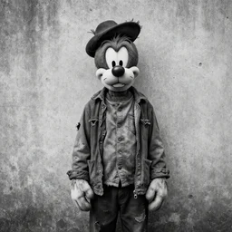 formal portrait of wiley e coyote. homeless, dirty, torn clothes. concrete wall background. black and white dslr photo.