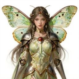 hyperdetailed portrait of beautiful queen's moth armored girl. highly detailed portrait, digital painting, sharp foccus ilustration, artstation hq. intricate, elegant. wlop, greg rutkowski, alphonse mucha, medium shot. dan mumford, tomokazu matsuyama