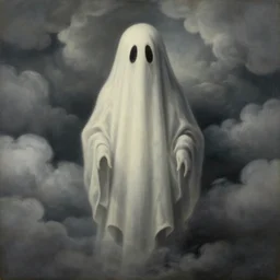 portrait of a spooky ghost, clouds in the background, by rene magritte, detailed painting, distance, middle centered, hd, hq, high resolution, high detail, 4 k, 8 k