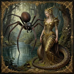a woman with a dragon like body, by anne stokes and kaja foglio, a giant spider crawling through a forest next to a lake, by michael komarck and john howe, lovecraftian, fantasy art, artstation hd, d & d, detailed painting, intricate, elite, ornate, elegant, luxury, dramatic lighting, i dream of the machine
