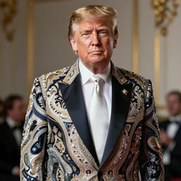 Donald Trump wearing beautiful haute couture, intricate, elegant, highly detailed photo, artstation, concept art, smooth, sharp focus