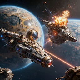 View from space of two planet-sized cyberpunk steampunk space ships  battling in space, epic space battle , explosions , lazers . 4K Cinematic, Award winning, ultra high resolution, intricate details, UHD 8K