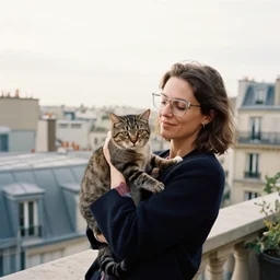 woman wearing glassens, holding a cat on the roof of a apartment in Paris by Carine Brancowitz