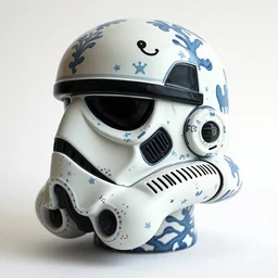 a stormtrooper head, with highly detailed painted durch ceramics, art pottery, delftware, by james jean