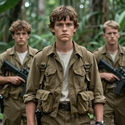 still of the cast of stranger things in the film full metal jacket, vietnam war associated press photo, jungle, wide angle lens, kodak ektachrome, blue tint expired film