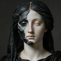hyperrealism close - up mythological portrait of a beautiful medieval woman's shattered face partially made of black stones in style of classicism using the fibonacci golden ratio, pale skin, ivory make up on the eyes, wearing black silk robe, dark and dull palette