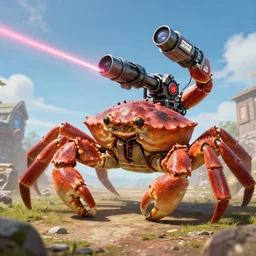 shoulder shot of a huge gigantic crab with a [ shooting ] [ star - wars ] [ blaster - turret ] attached to its back crawling towards a village, [ laser ] [ turret ] [ attached ] to top of crab, xf iq 4 f 5. 6 iso 2 0 0