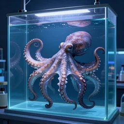 octupus immersed in laboratory glass tanks, blue color scheme, digital illustration, dramatic lighting, cinematic composition, concept art, detailed textures