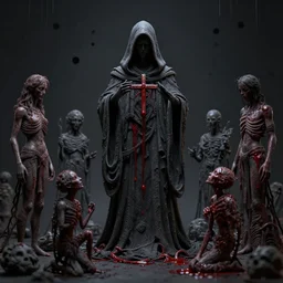 cinema 4 d highlights render, cult, black mass, sacrifice, blood souls, humanoid, spirits and souls, hooded robbed dark ceremony, black mass, extremely detailed, insanely detailed and intricate, high detail, dripping polka dot dripping background, depth field, unreal engine, deep focus, movie still, dramatic lighting, by michal karcz and yoshitaka amano, 4 k concept art and hyper realism