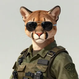 character portrait feature of the anthro female anthropomorphic puma bobcat mountain lion fursona wearing aviator sunglasses soldier outfit uniform us special forces character design stylized by charlie bowater, ross tran, artgerm, and makoto shinkai, detailed, soft lighting, rendered in octane