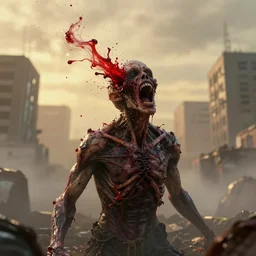 an infectious horrific organism eats people alive in a city as the scream in agony and red fluid spews out of their head, hdr, 8 k, volumetric lighting, mist, golden hour background, octane render, depth of field, surrealism, hyperrealistic, annihilation of humankind, neo apocalypse, by alex ross hr giger moebius zdzislaw beksinski, very