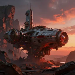 futuristic steampunk giant starship, eroded rocks on the background, by Andreas Rocha, stunning volumetric lighting, sundown, trending on Artstation, 8k, photorealistic, hyper detailed, unreal engine 5, cinematic, epic lighting, cryengine, octane render, cyberpunk, red and orange glow, dark, gloomy