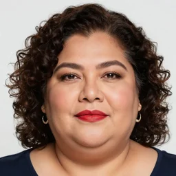 close up portrait of a middle - aged, chubby mexican woman, red lips, curly hair, white background, rembrandt lighting, ultra detailed, 4 k, illustration, by kehinde wiley, kadir nelson