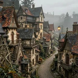 a multi - level steep gothic dickensian village, art nouveau, baroque winding cobbled streets, style of arcane, magic the gathering, misty alleyways, tiled roofs, balconies, medieval tumbledown houses, st cirq lapopie, by ian mccaig, brian froud and mucha and alan lee