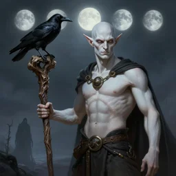 gaunt bald pale white tiefling holding a staff made of gnarled wood, black raven sitting on staff, looming silhouette of undead god on horizon, three moons, illustration, sharp focus, highly detailed, digital painting