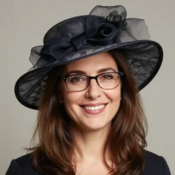 portrait of a smiling woman, brown hair, wearing glasses, wearing a fancy hat, by dorina costras