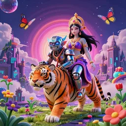 maximalist 3 d render of cyborg goblin man and hindu cybergoth girl riding a tiger standing in cybernetic mountain landscape with castle ruins against a psychedelic surreal background with 3 d butterflies and 3 d flowers n the style of 1 9 9 0's cg graphics against the cloudy night sky, lsd dream emulator psx, 3 d rendered y 2 k aesthetic by ichiro tanida, 3 do magazine, wide shot