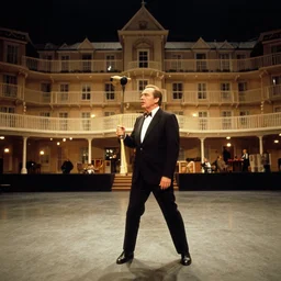 photoreal wide cinematography of jack torrance played by jack nicholson wielding a croquet mallet from stanley kubrick's film the shining, inside the elstree studios soundstage set for the overlook hotel shot on 3 5 mm eastman 5 2 4 7 film by the shining cinematographer john alcott shot on a cooke panchro 1 8 mm lens