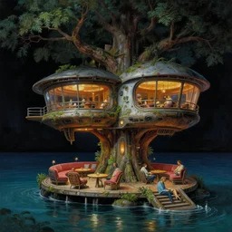a scene of futuristic treehouse lounge by water.. highly detailed science fiction painting by norman rockwell, frank frazetta, and syd mead. rich colors, high contrast, gloomy atmosphere, dark background. trending on artstation
