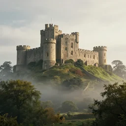 a king a castle on some hills in england, cinematic, cgsociety, hyper detailed, octane render, unreal engine, foggy, middle of the day, photorealistic