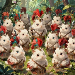 dungeons and dragons fantasy painting, close order phalanx of feathered mice spartans, 3 0 0, whimsical and cute, aztec ashigaru. determined expressions, watery eyes, anime inspired, white fur, red and teal plumes, tufty whiskers, steel blades, in the jungle, vibrant jungle foliage by brain froud jessica rossier and greg rutkowski