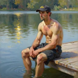 muscular postman sitting on a dock on a lake, sunlight shining on his skin, reflective water, painting by tom of finland, gaston bussiere, craig mullins, j. c. leyendecker, claude monet