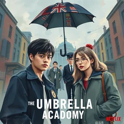 poster from netflix show'the umbrella academy'done in gouache style, impressionistic, colorful, digital art, oil paintings, watercolor