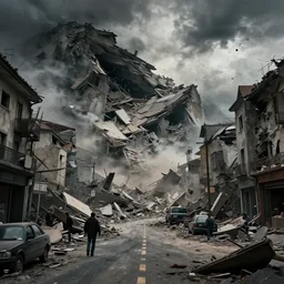 landscape, Massive earthquake destroying a street, destroyed remnants, dramatic lighting, cinematic, by WLOP, eddie mendoza, simon stålenhag, raphael lacoste, extremely high detail, photo realistic, cinematic lighting, post processed, concept art, trending on artstation, matte painting