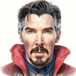 Intricate five star Doctor Strange portrait by Anna Kullberg, Colored pencil on paper, high detail, skin texture, photo realistic, hyperrealism,matte finish, high contrast, 3d depth, masterpiece, vivid and vibrant colors, Prismacolor Pencils,artstationhd
