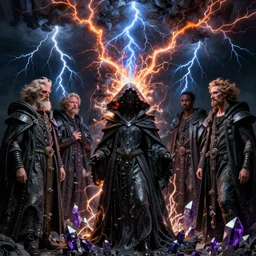darker shades of forgotten misery and despair by michael whelan and peter driben and quentin massys and hubert robert and greg staples and william etty, black lightnings, beautiful, mythical, cloak, robe, highly detailed, hyperrealistic, intricate, energy, orange electricity, blue flame, low light, purple crystals, high contrast, lifelike