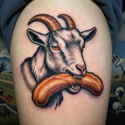 A tatoo stencil of a goat biting a cinnamon churro