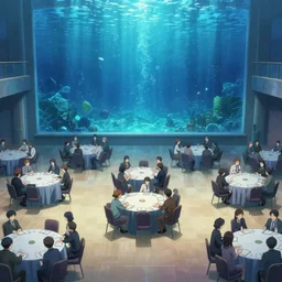 anime background clean neat clarity professional visual development set design, large hall, a lot of people sitting on round 1 0 tables, dim painterly lighting volumetric aquatics, impasto, trending on pixiv