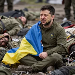 Volodymyr Zelensky at war,  dressed like  Napoleon Bonaparte,  sitting on the ground between dead corpses , crying and weeping, holding a half burnt blue and yellow flag of Ukraine, sharp focus, depth of field, hyper detailed, hyper realistic, High definition, in the style of Carolyn Cole