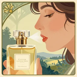 illustration, close - up photo with beautiful bottle of perfume near nose, sniffing the aroma, an art deco painting by tom whalen, trending on behance, art deco, digital illustration, storybook illustration, grainy texture, flat shading, vector art, airbrush, pastel, watercolor, poster