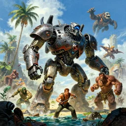 epic composition, tropical Island, djungel, mechabot by Frank frazetta, Action, from jurassic World (2015), from pacific rim (2013) from King kong (2005), cgsociety, ArtStation, by drew struzan, by James gurney
