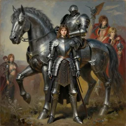 portrait full body girl medieval metal armor balanciaga fashion clothe with giant metal mecha horse painting by gaston bussiere, greg rutkowski, yoji shinkawa, yoshitaka amano, tsutomu nihei, donato giancola, tim hildebrandt, oil on canvas, trending on artstation, featured on pixiv, cinematic composition, extreme detail