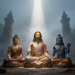 a cinematic wideangle portrait of jesus sitting with buddha and krishna, fog filled, spotlights shine down from the watchtowers, perfectly lit face, ultra realistic, depth, beautiful lighting