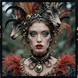 kodak portra 4 0 0, wetplate, photo of a surreal artsy dream scene,, weird fashion, expressive eyes, in the nature, highly detailed face, very beautiful model, portrait, close up, extravagant dress, carneval, animal, wtf, photographed by paolo roversi style and julia hetta
