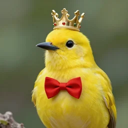 an elegant yellow bird wearing a crown and a red bow tie in the style of shinji aramaki, very very beautiful, impressionism, high quality, detailed, 4k