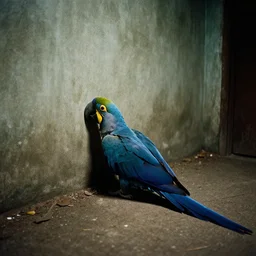 Hyacinth macaw in ground lost in backrooms, cinematic shot, cinestill 800 t