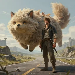 a concept art illustration, fantasy art, a man with a fluffy pet, floating creature on a road, hyper realistic, photorealistic, art by wlop, trending on artstation, cgsociety, ultra sharp, digital painting