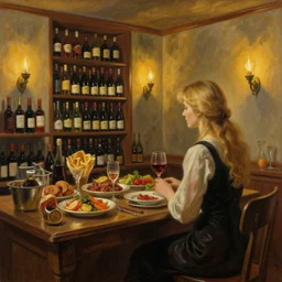 wine cellar full of food, torches on the wall, schnapps!, romantic, inviting, cozy, blonde woman, painting Vladimir Volegov