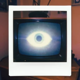 eerie glowing Eye on analog tv screen in 2000's classic kids room vibrant, blurry, motion blur, polaroid photo