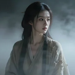 close - up of a dreamy woman in tattered robes, in a cloud of mist. in a liminal space. dramatic. cinematic. concept art. 4 k, ultra - high - definition